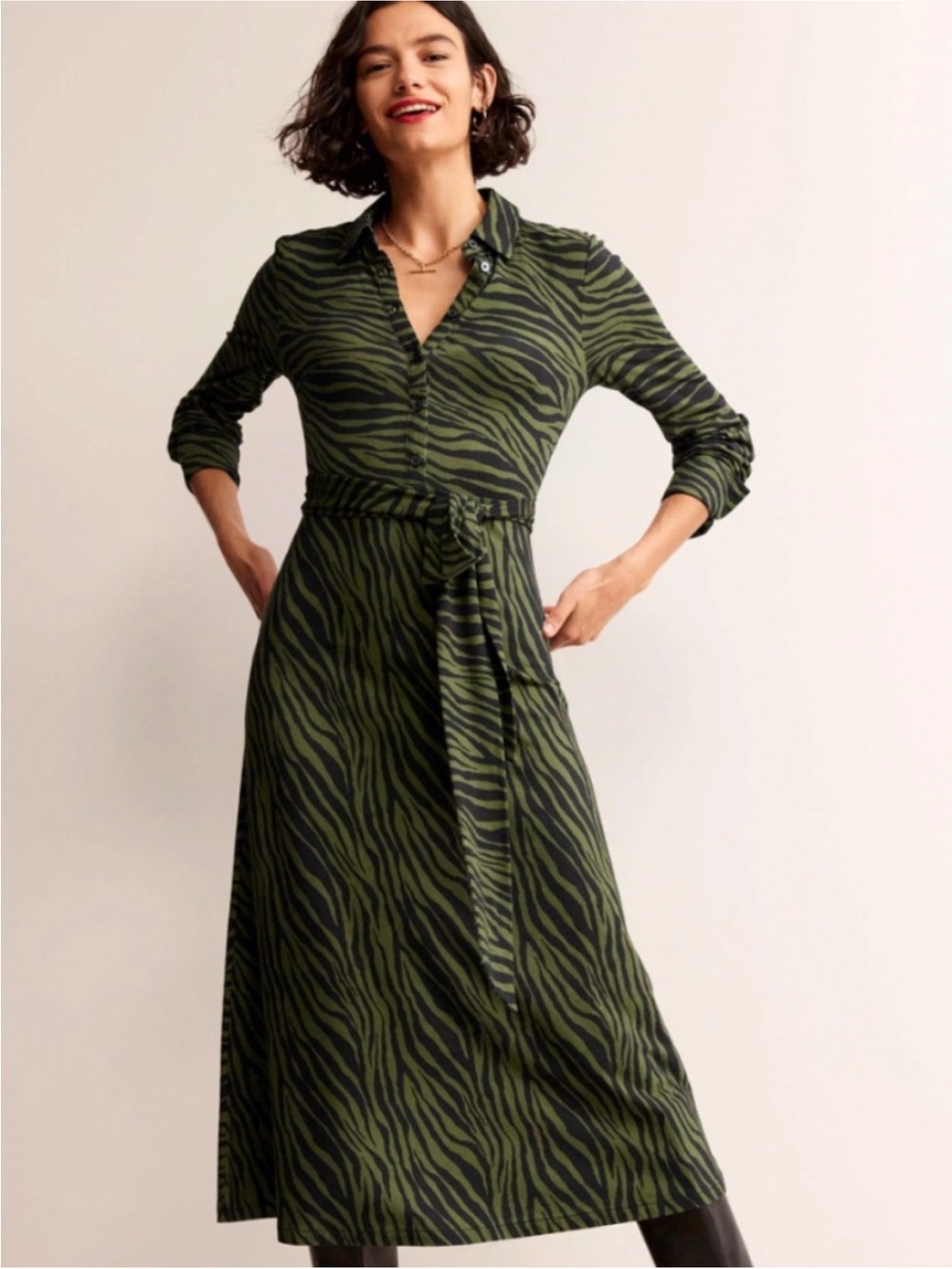 Boden Laura Green Zebra Belted Midi Dress
